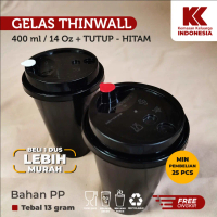 CUP INJECTION 14oz 400ML HITAM +TUTUP / GELAS THINWALL/GELAS INJECT@25