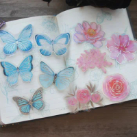 18pcs Silver Blue Watercolor Butterfly Pink Flower Style PVC Sticker Scrapbooking DIY Gift Packing Label Decoration Tag