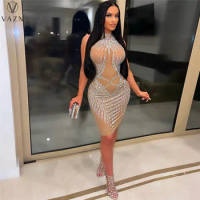 VAZN 2022 Top Quality Sexy Club See Through Lace Open Solid Young Halter Off Shoulder Women Skinny Long Pencil Dress
