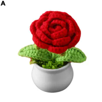 Simulated Rose Potted Plants Handwoven Simulation Pot Knitting Rose Flower Bonsai Mini Cute Style Diy Crochet Knitted Potted