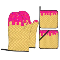 Strawberry Waffle Ice Cream Oven Mitts and Pot Holders Sets of 4 Heat Resistant Non-Slip BBQ Kitchen Gloves for Cooking Baking