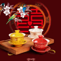 Ceramic Tea Cup with Tray and Lid, Chinese Wedding Tea Set, Red Gaiwan Teacup, Festvial Serving Teaware, Tureen Drinkware
