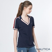 【NAUTICA】女裝V領造型短袖POLO衫(深藍)