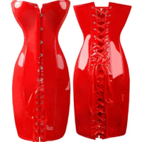 Overbust Long Torso Corset Gothic Sexy Corset Dress PVC Leather Bustier Top Lace Up Clubwear Corselet Black Red