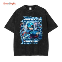 Game Magaman T Shirt Rockman Zero Vintage Washed Tops Tees Hip Hop Harajuku DTG Print Short Sleeve O