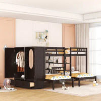 Bunk Bed,Full-Over-Twin-Twin Bunk Bed,Versatility Bunk Bed with Shelves,Wardrobe and Mirror,suitable for Kids bedroom,Espresso