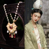 Vintage Antique Chain Necklace for Woman Luxury Pendant Ruyi Simulated Pearl Necklace Hanfu Accessory