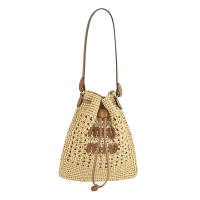 【MIU MIU】5ND016 2DO1 F0A5T 經典LOGO編織款迷你手提水桶包(卡其色)