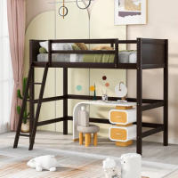 Solid Wood Twin Size Loft Bed with Ladder Espresso, Grey House Shaped Bed with 2 Drawers