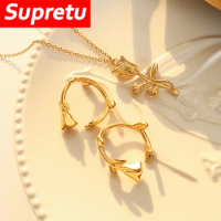 Retro Metal Rose Flower Pendant Necklace/ Ring Women Daily Accessories Jewelry Set Titanium Steel Plated 18K Gold Valentine Gift