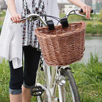 Wicker D-Shaped Bike Basket Hand-Woven Shopping Basket Bicycle Handlebar Storage Basket with Leather Straps