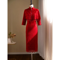 預購 女神婚紗禮服 高端紅色披肩氣質旗袍宴會晚禮服 2197(新娘服 訂婚禮服)