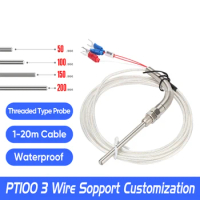 WZPT-03 PT100 M8 Threaded Type Probe Temperature Sensor Thermocouple with 1/2/3/5m Waterproof High Precision 3 Wire Cable