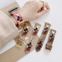 Disney Mickey Minnie AppleWatch iwatch6 Leather Strap Female Applicable Applewatch3/4/5 Cute Cartoon Wristband SE Birthday Gifts