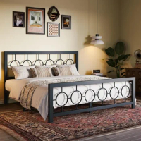 King Size Bed Frame with Vintage Circular Design Headboard and Footboard, No Box Spring Required, Bed Frame