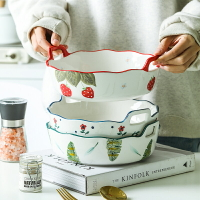 北歐風陶瓷烤盤焗飯盤烤箱可用圓形草莓雙耳盤家用烘焙烤碗盤