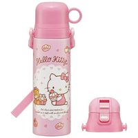 小禮堂 Hello Kitty 兩用不鏽鋼保溫瓶附背帶 580ml/570ml (粉坐姿甜點款)
