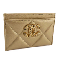 【CHANEL 香奈兒】19系列-雙C皮穿鍊LOGO金色山羊皮卡片名片夾(展示品)