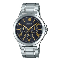 【CASIO 卡西歐】CASIO 羅馬三眼指針男錶 不鏽鋼錶帶 曜石黑 生活防水(MTP-V300D-1A2)