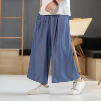 2023 Summer Men Japan Samurai and Thai Wide Leg Lce Silk Pants Chinese Urban Streetwear Loose Long Bottoms Trousers