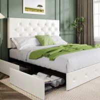 Upholstered full-size platform bed frame with 4 storage drawers and headboard with mattress base supported by wooden slats