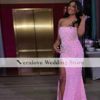 Sexy Strapless Prom Dresses For Women 2022 Pink Sequins Mermaid Evening Gowns African Outfit Party Gowns