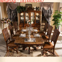 European-style solid wood dining table, American carved large-size dining room marble dining table and chair