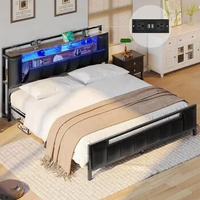 Full Size with LED Bed Frame with Hidden Storage &amp; Charging Station Metal Platform Bed，Single beds for adults and teenagers