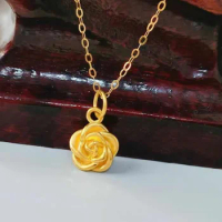 Pure 24K Yellow Gold Pendant Women 999 Gold Rose Flower Necklace Pendant