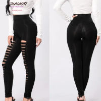 Women's Black Front Ripped Leggings Oversized Tight Disco Pants Ladies Fitness Perforated Trousers Womens Clothing Free Shipping