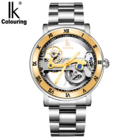 IK Coloring Original Men's Mechanical Bridge Skeleton Watch Stainless Steel Male Clock Automatic Relogio Masculino