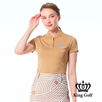 【KING GOLF】速達-實體同步款-女款素面立體燙鑽襯衫立領拉鍊POLO衫/高爾夫球衫(卡其)