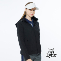 【Lynx Golf】女款吸濕排汗鋪棉保暖素面菱格壓線LOGO鐵牌長袖連帽外套-黑色