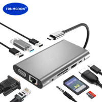 Trumsoon USB C Hub to Ethernet RJ45 4K HDMI-Compatible VGA SD TF USB 3.0 Type C PD Dock for MacBook iPad Samsung S21 Dex TV