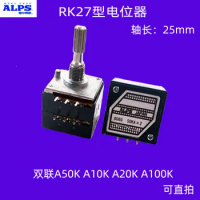 1PCS Japan ALPS RK27 Volume Log Stereo Potentiometer 2-gang DUAL A10k 20k 50k 100k Potentiometer Round handle 25mm