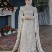 New Elegant Long Sleeves Evening Dresses With Hijab Arabic Dubai Beading Crystals Prom Dress Cocktai