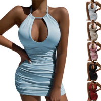 2023 Summer Party Dress Elegant Women's Sexy Bodycon Dress Halter Solid Hollow Mini Dress Casual Slim Fit Fashion Mini Dress