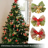 Christmas Bow With Bells Mini Bowknot Ornament For Xmas Tree Hanging Wreath Bowknot Ornament Present Gift Boxes Wrapping Decor