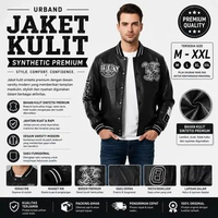 JAKET KULIT SINTETIS PRIA PREMIUM | JAKET VARSITY BOMBER | JAKET KULIT PRIA KEKINIAN 517 Hitam M