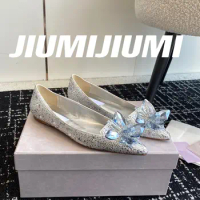 JIUMIJIUMI Handmade Pointed Toes Genuine Leather Slip-On Boat Shoes Flower Crystal Decoration Mature Flat with Shoes For Women