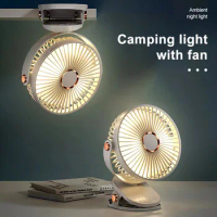 Portable LED Camping Light with Clip Fan Rechargeable Desk Fan Silent Adjustable 5 Speeds Night Light for Bedroom Office Outdoor