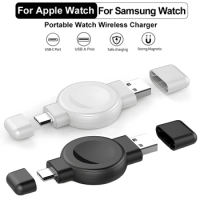Magnetic Wireless Charger for Samsung Galaxy Watch 6 5 4 3 Pro USB A Type C Port Portable Fast Charger for Apple Watch 9 8 7 6 5