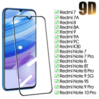9D Protective Glass For Xiaomi Redmi Note 7 8 8T 9 9S 10 Pro Tempered Screen Protector 7A 8A 9A 9C Safety Film