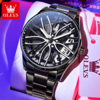 OLEVS 9937 Quartz Watch for Men Wheel Boss Design 3D Hollow Out Rotary Dial Luminous Black Stainless