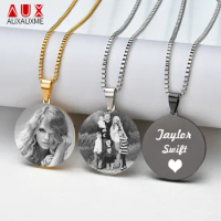 Auxauxme Engrave Photo Round Pendant Necklace For Women Customized Words Tag Medal Necklace With Link Chain Christmas Gifts