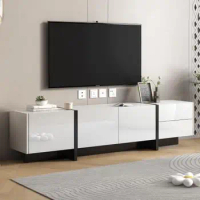 Contemporary TV Cabinet 80" High Gloss White Black Console Table 2 Drawers 3 Cabinets Particle Board UV Surface 291LBS