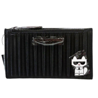 【KARL LAGERFELD 卡爾】KL 貓咪公仔對開拉鍊零錢包 卡包(黑色)