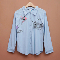 Kemeja Wanita Lengan Panjang Stretch Motif Camera Ice Blue