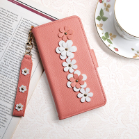 Aguchi 亞古奇 Apple iPhone 11 (6.1吋) 花語 鉚釘立體花朵手機皮套 頂級柔軟皮革 附皮質璀璨吊飾 - 蜜桃
