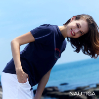 【NAUTICA】女裝 修身帆船圖騰印花短袖T恤(深藍)